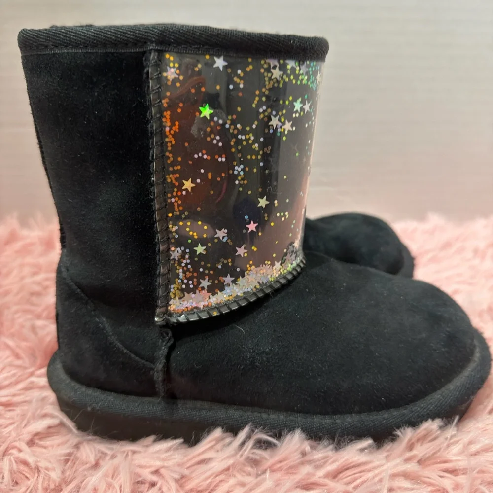 UGG Classic II Clear Glitter Black Shiny‎ Stars Girls Suede Boots Sz 10 EUC